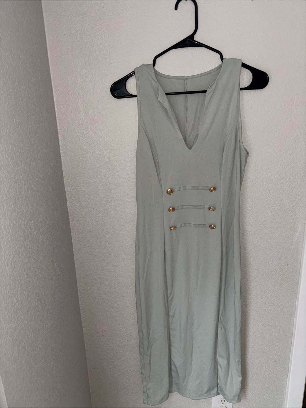 Sleeveless Light Sage Midi Dress with Gold Buttons